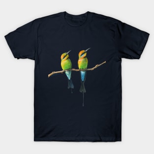 Rainbow Bee-Eaters Watercolour Design - Blue Background T-Shirt